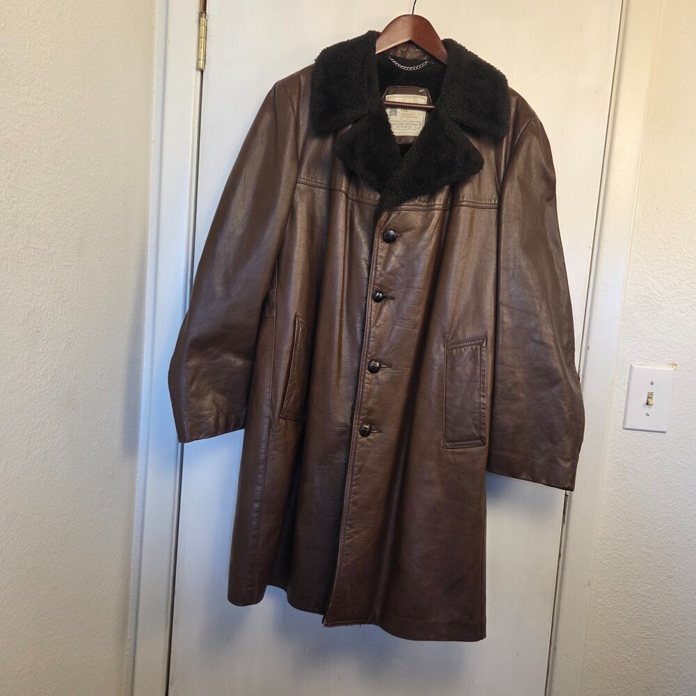 Vintage London Fog Leather Overcoat Men Faux Fur Collar 42 Long Brown